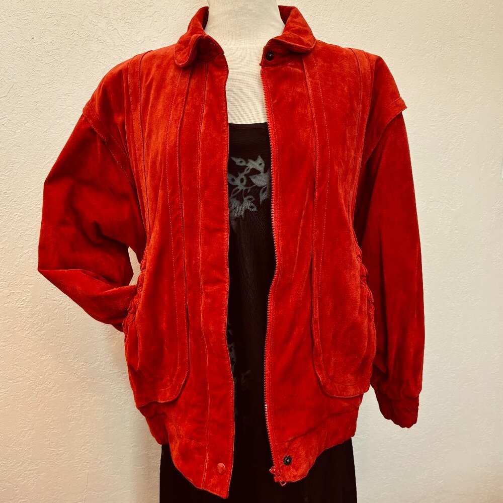 Red suede leather coat jacket Womens SZ M label 'gallery' for Neiman-Marcus